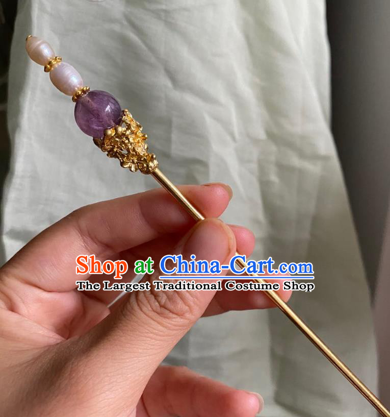 Chinese Ancient Court Amethyst Hairpin Handmade Hanfu Hair Accessories Qing Dynasty Pearls Hair Clip