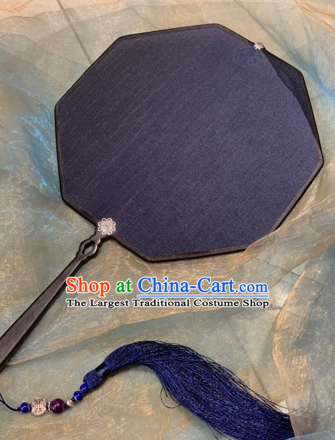 Chinese Classical Hanfu Princess Octagon Fan Ancient Song Dynasty Wedding Palace Fans Navy Silk Wedding Fans