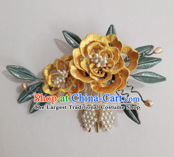 Chinese Classical Ancient Princess Golden Silk Peony Hair Comb Women Hanfu Hair Accessories Handmade Qing Dynasty Pearls Hairpin