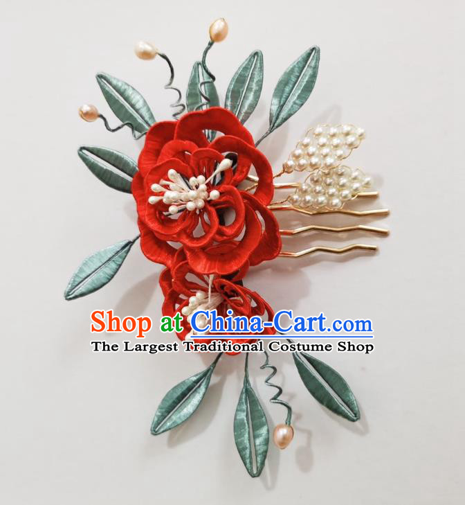 Chinese Classical Ancient Princess Red Silk Peony Hair Comb Women Hanfu Hair Accessories Handmade Qing Dynasty Pearls Hairpin