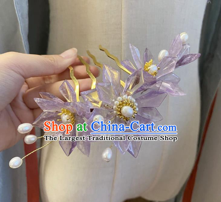 Chinese Classical Ming Dynasty Purple Lotus Hair Comb Women Hanfu Hair Accessories Handmade Ancient Princess Pearls Hairpin