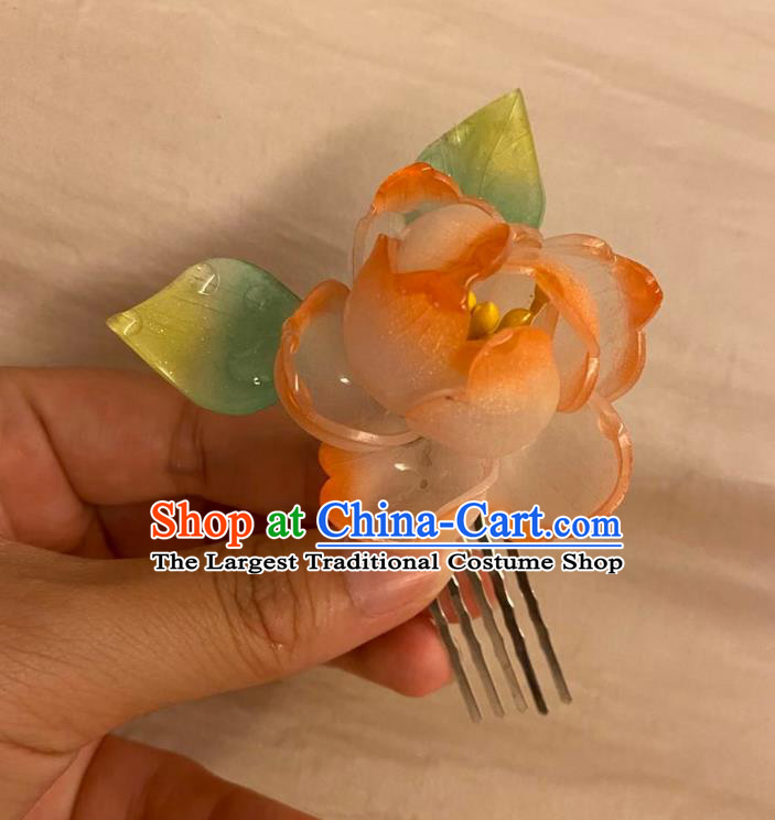 Chinese Ancient Palace Lady Rose Hairpin Hanfu Hair Accessories Handmade Orange Flower Hair Comb