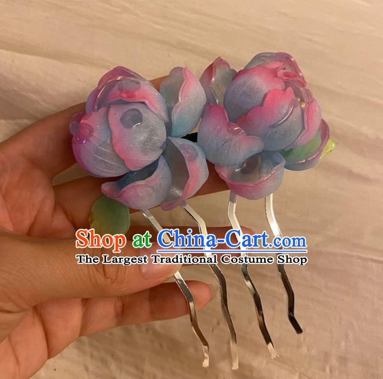 Chinese Ancient Palace Lady Blue Rose Hairpin Hanfu Hair Accessories Handmade Flowers Hair Comb