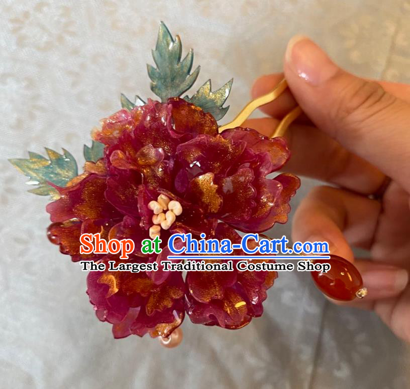 Chinese Women Classical Hair Clip Handmade Ancient Princess Hanfu Hair Accessories Wine Red Peony Hairpin