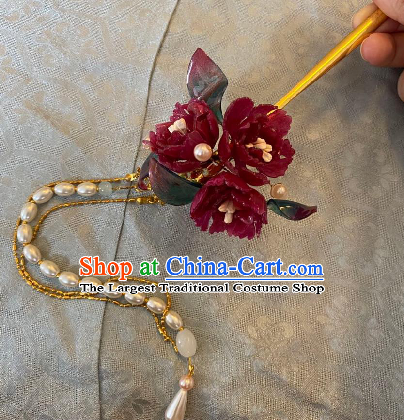 Chinese Women Classical Pearls Tassel Hair Clip Handmade Ancient Princess Hanfu Hair Accessories Wine Red Flowers Hairpin