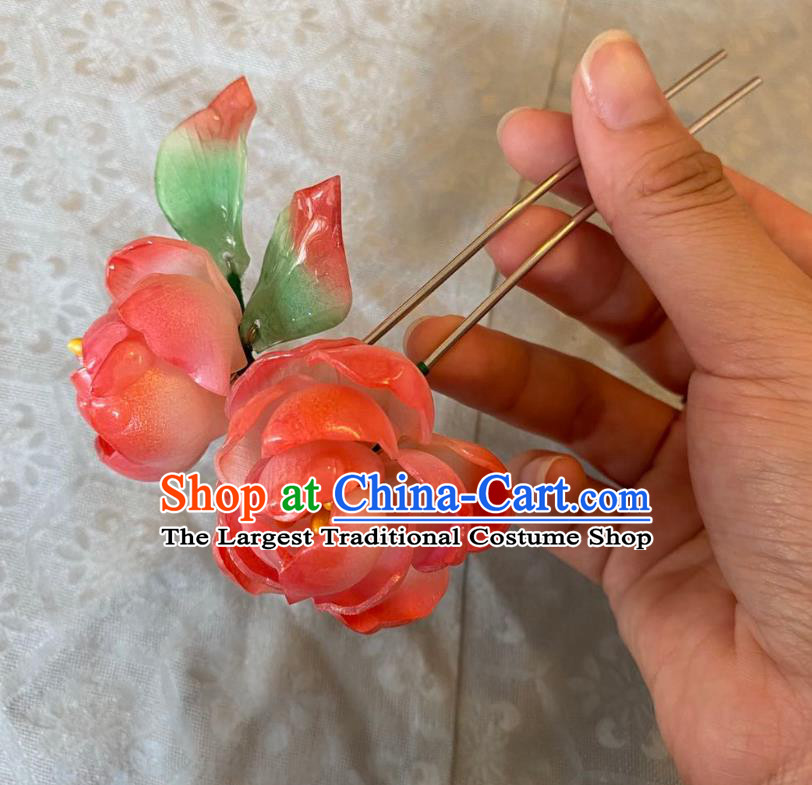 Chinese Women Classical Pink Flowers Hair Clip Handmade Ancient Princess Hanfu Hair Accessories Hairpin