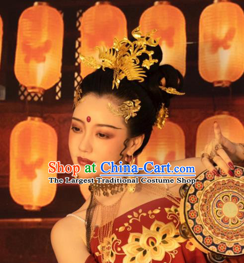 Chinese Women Classical Dance Golden Hairpin Handmade Ancient Princess Hanfu Hair Accessories Phoenix Hair Crown Complete Set