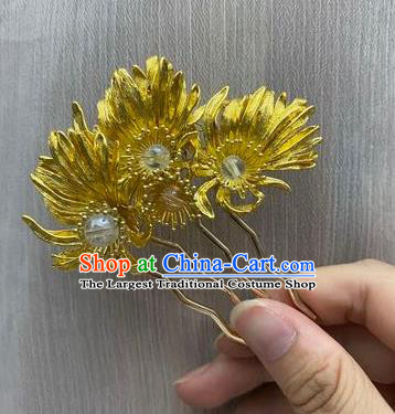 Chinese Tang Dynasty Women Classical Hairpin Handmade Ancient Princess Hanfu Hair Accessories Golden Chrysanthemum Hair Comb