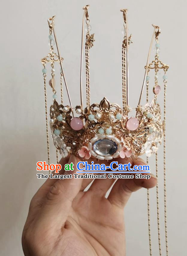 Chinese Tang Dynasty Classical Pearls Phoenix Coronet Hairpin Handmade Ancient Princess Hanfu Hair Accessories Women Golden Tassel Hair Crown