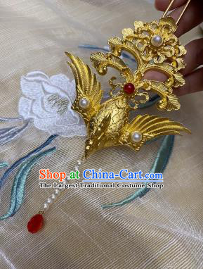 Chinese Song Dynasty Queen Golden Phoenix Hairpin Handmade Ancient Empress Hanfu Hair Accessories Court Women Pearls Tassel Hair Clip