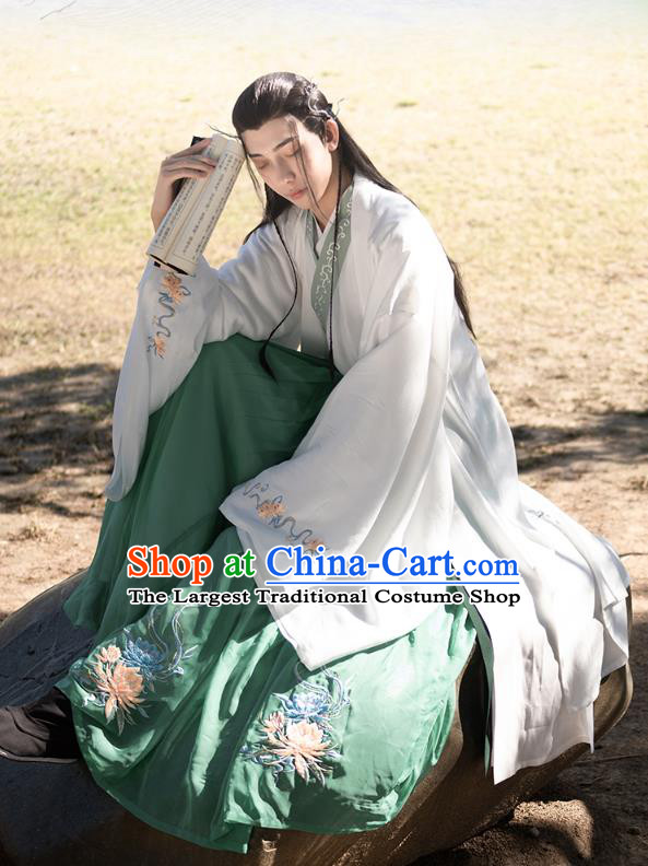 Chinese Ancient Prince Hanfu Apparels Traditional Costumes Han Dynasty Scholar Garment Embroidered Cloak Shirt and Skirt Complete Set