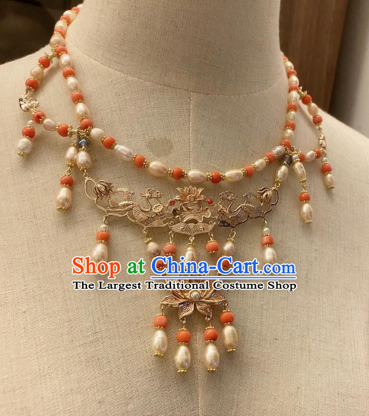 Chinese Handmade Pearls Tassel Necklet Classical Jewelry Accessories Ancient Hanfu Golden Lotus Necklace for Women