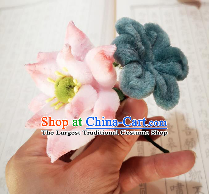 Chinese Ancient Princess Pink Velvet Lotus Hairpins Hair Accessories Handmade Qing Dynasty Court Hair Stick