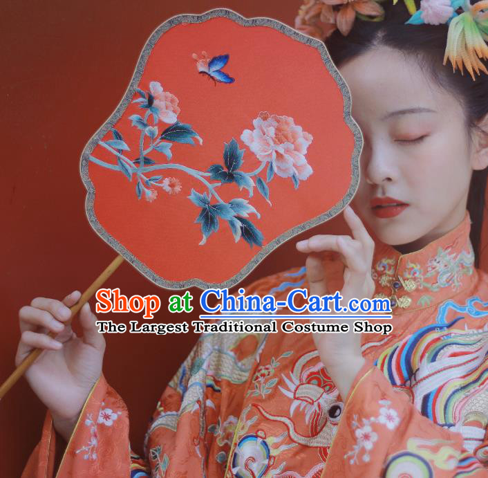 Chinese Classical Ancient Hanfu Red Silk Fan Ming Dynasty Princess Embroidered Peony Butterfly Palace Fans