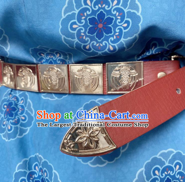 Chinese Classical Ancient Hanfu Red Leather Belt Tang Dynasty Swordsman Waistband Accessories