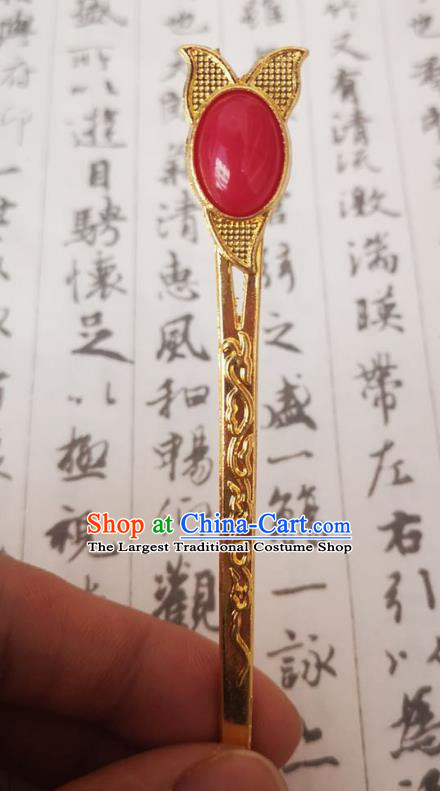 Chinese Ancient Empress Red Hairpins Hair Accessories Handmade Ming Dynasty Court Golden Hair Stick