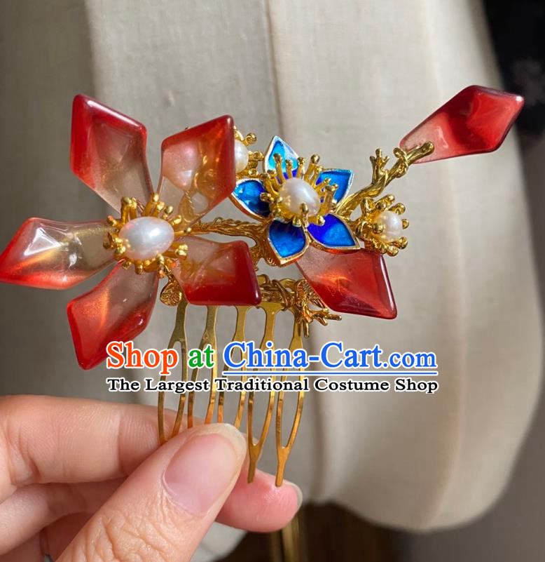 Chinese Ancient Princess Red Lotus Hairpin Hanfu Hair Accessories Women Handmade Golden Hair Comb