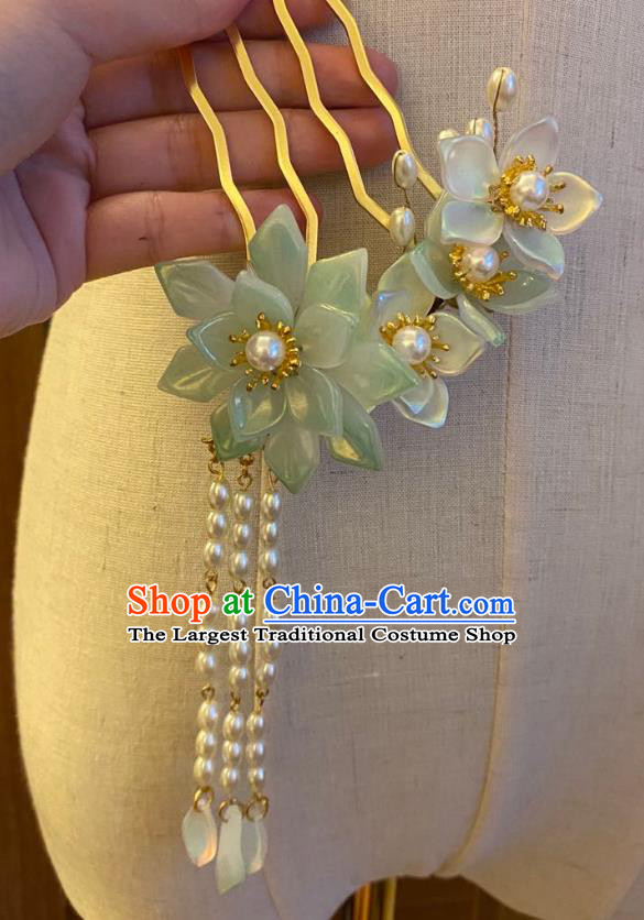 Chinese Ancient Princess Green Lotus Hairpin Hanfu Hair Accessories Women Handmade Pearls Tassel Hair Comb