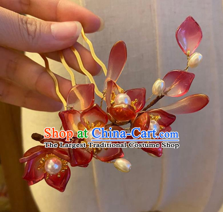 Chinese Ancient Princess Red Sakura Hairpin Hanfu Hair Accessories Women Handmade Flowers Hair Comb