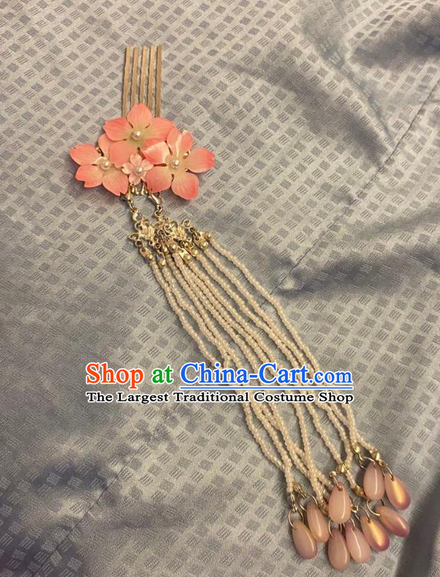 Chinese Ancient Princess Pink Sakura Hairpins Hair Accessories Women Handmade Hanfu Beads Tassel Hair Comb