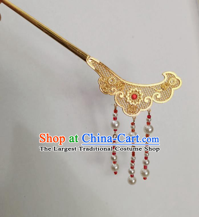 Chinese Ancient Princess Golden Hairpins Hair Accessories Women Handmade Hanfu Tang Dynasty Red Beads Tassel Hair Clip