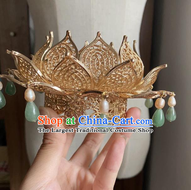 Chinese Ancient Princess Chrysoprase Hairpins Hair Accessories Women Handmade Hanfu Tang Dynasty Golden Lotus Hair Crown