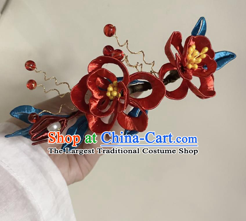 Chinese Ancient Princess Red Beads Hairpins Hair Accessories Handmade Hanfu Rose Flowers Hair Comb