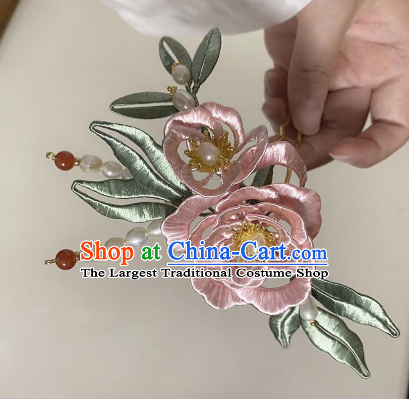 Chinese Ancient Princess Pearls Hairpins Hair Accessories Handmade Hanfu Pink Silk Rose Hair Comb