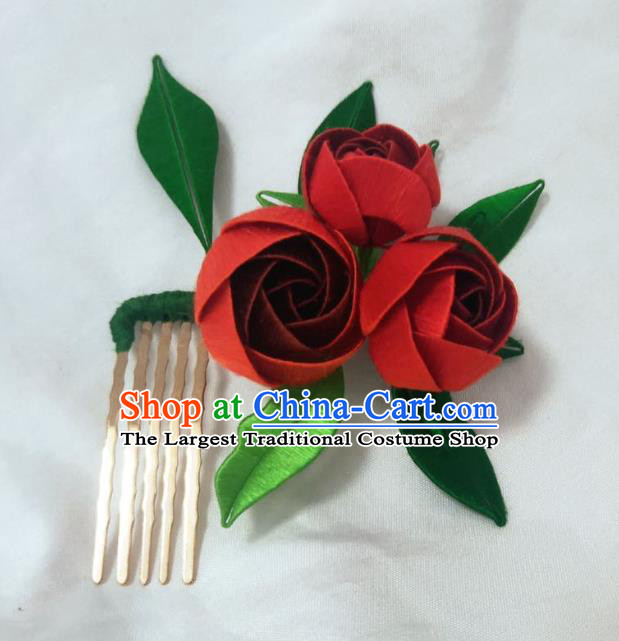 Chinese Ancient Princess Red Rose Hairpins Hair Accessories Handmade Hanfu Flowers Hair Comb