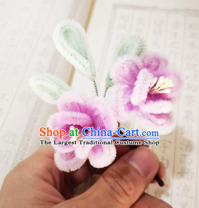 Chinese Ancient Princess Velvet Flowers Hairpins Hair Accessories Handmade Qing Dynasty Pink Plum Hair Stick