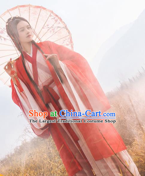 Chinese Ancient Swordswoman Hanfu Apparels Traditional Costumes Jin Dynasty Female Knight Red Dress Garment