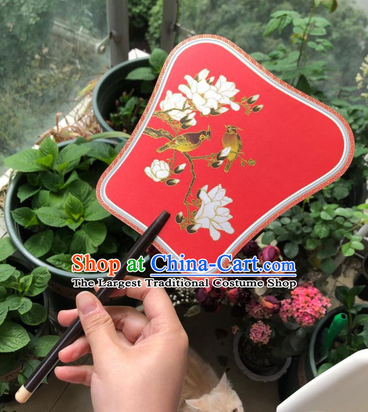 Chinese Classical Red Silk Palace Fan Ancient Palace Lady Fans Accessories Song Dynasty Princess Painting Magnolia Birds Fans