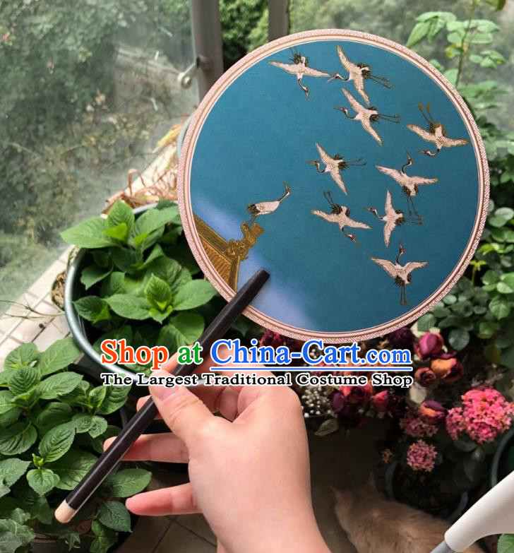 Chinese Classical Blue Silk Palace Fan Ancient Palace Lady Fans Accessories Song Dynasty Princess Painting Cranes Round Fans