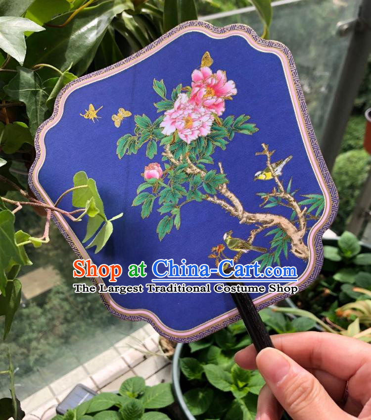 Chinese Classical Royalblue Silk Palace Fan Ancient Palace Lady Fans Accessories Song Dynasty Princess Painting Peony Fans