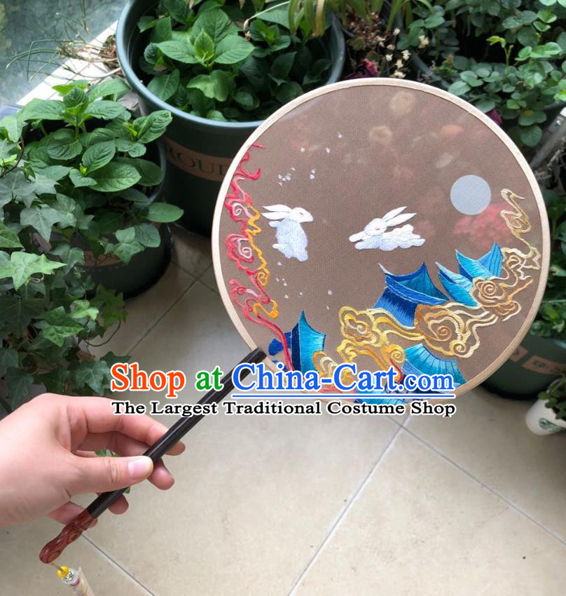 Chinese Classical Brown Silk Palace Fan Ancient Song Dynasty Princess Embroidered Moon Court Rabbits Round Fans Accessories