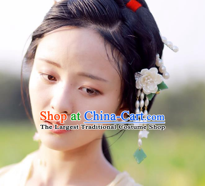 Chinese Ancient Princess White Camellia Hairpins Hair Accessories Handmade Ming Dynasty Shell Pearls Tassel Hair Sticks