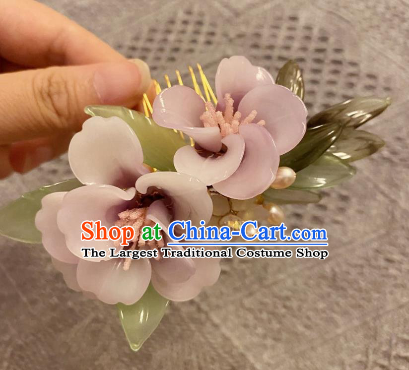 Chinese Ancient Court Lady Pink Azalea Hairpins Hair Accessories Handmade Song Dynasty Plastic Flowers Hair Comb