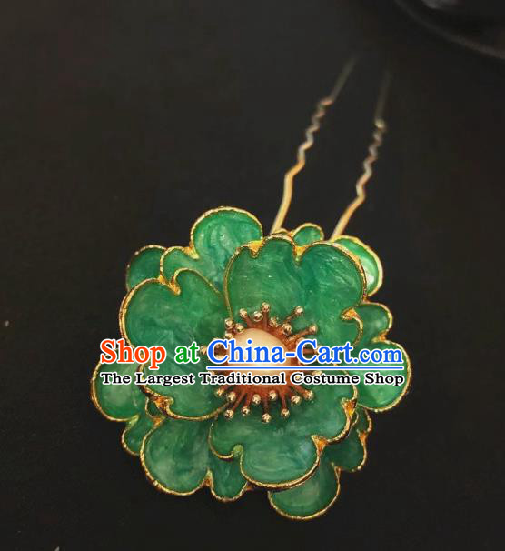 Chinese Ancient Imperial Concubine Green Peony Hairpins Hair Accessories Handmade Ming Dynasty Court Pearl Hair Stick