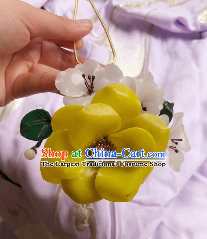 Chinese Ancient Palace Lady Plastic Camellia Hairpins Hair Accessories Handmade Yellow Flower Hair Stick