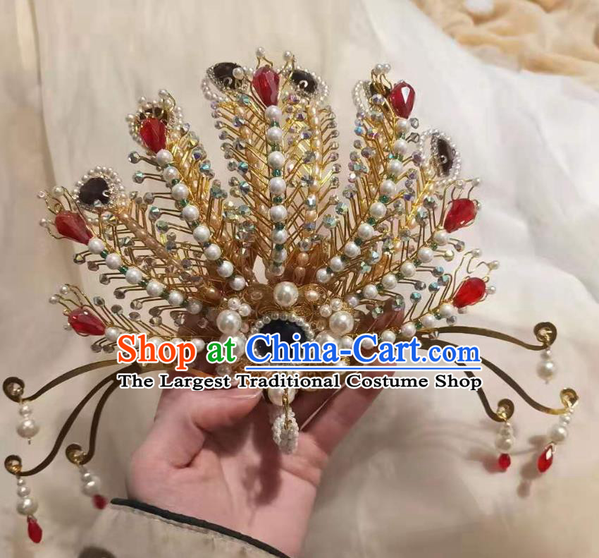 Chinese Ancient Imperial Empress Pearls Golden Hairpins Hair Accessories Handmade Ming Dynasty Court Phoenix Hair Crown