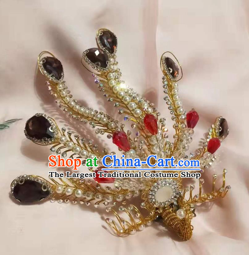 Chinese Ancient Imperial Concubine Beads Golden Hairpins Hair Accessories Handmade Ming Dynasty Court Purple Crystal Phoenix Hair Crown