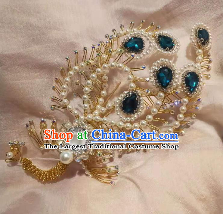 Chinese Ancient Imperial Empress Deep Blue Crystal Phoenix Hairpins Hair Accessories Handmade Ming Dynasty Court Golden Beads Hair Crown