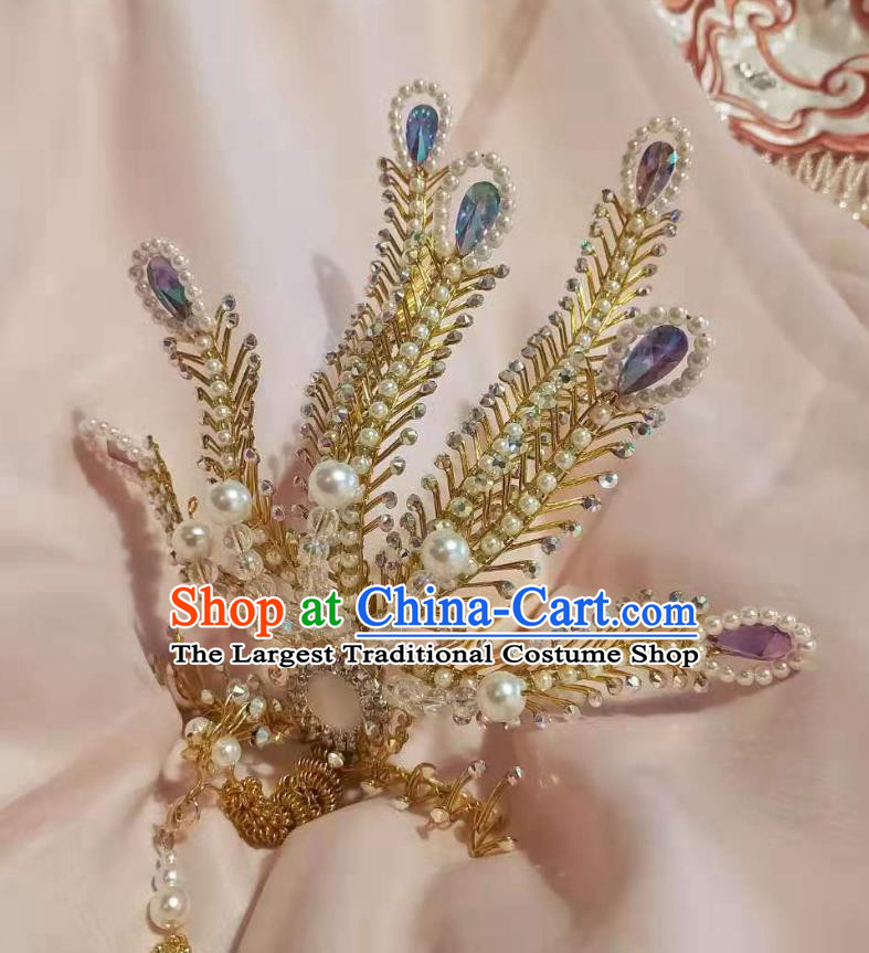 Chinese Ancient Imperial Concubine Beads Tassel Hairpins Hair Accessories Handmade Ming Dynasty Court Purple Golden Phoenix Hair Crown