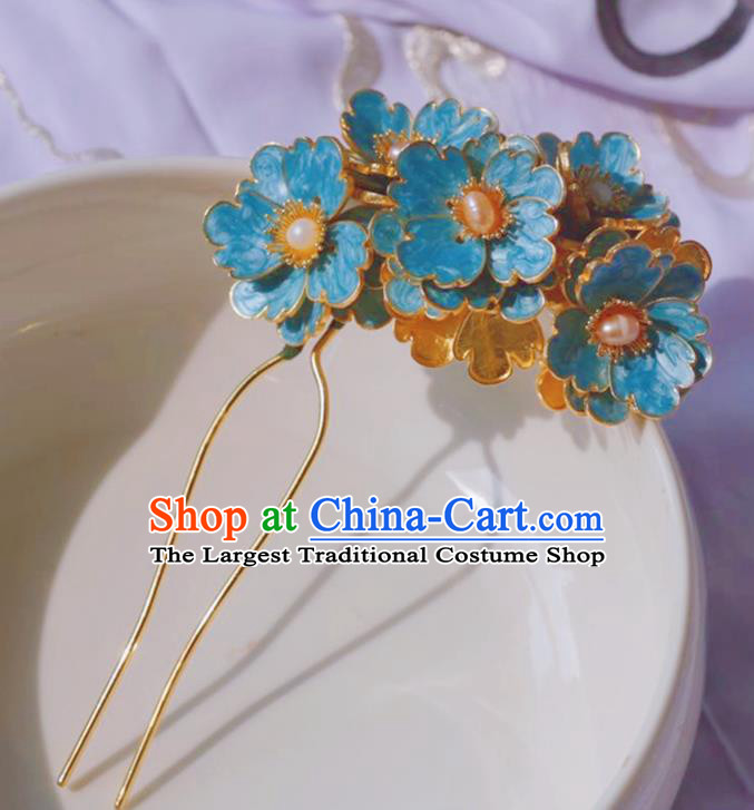 Chinese Ancient Princess Pearls Hairpins Hair Accessories Handmade Ming Dynasty Blueing Plum Flowers Hair Stick