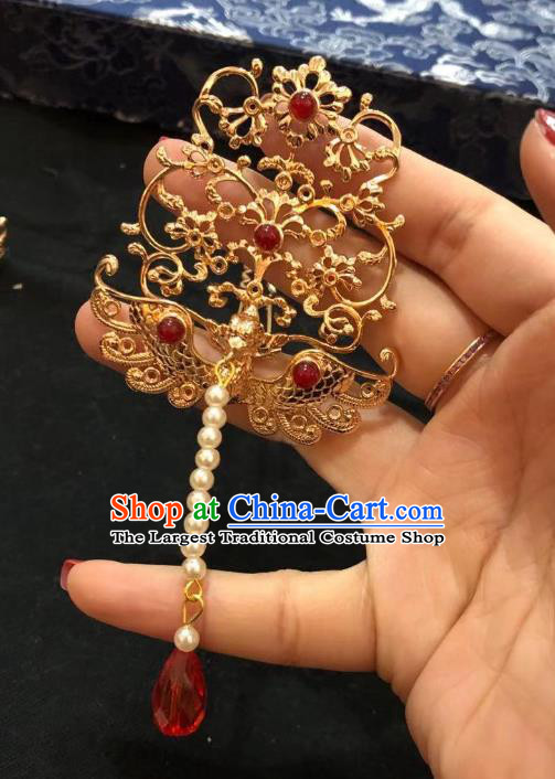 Chinese Ancient Princess Golden Phoenix Hairpins Hair Accessories Handmade Ming Dynasty Palace Tassel Hair Crown