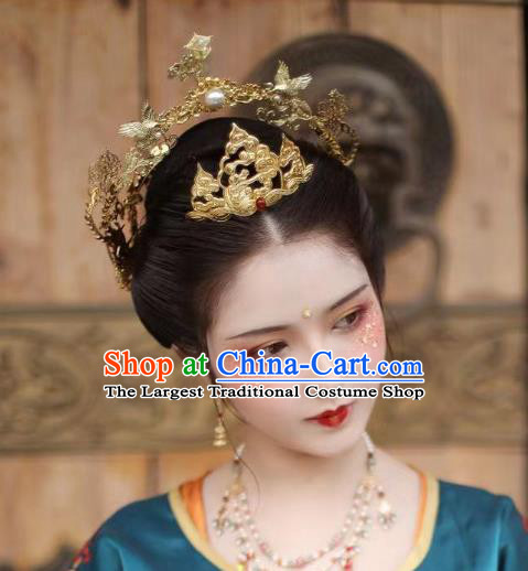 Chinese Ancient Princess Golden Phoenix Coronet Hairpins Hair Accessories Handmade Tang Dynasty Palace Hair Crown