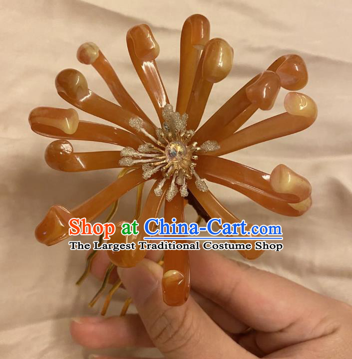 Chinese Ancient Palace Lady Brown Flowers Hairpins Hair Accessories Handmade Plastic Chrysanthemum Hair Comb