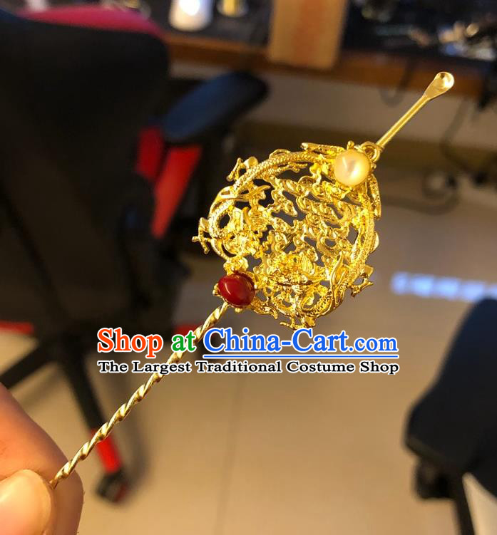 Chinese Ancient Palace Corallite Hairpins Hair Accessories Handmade Ming Dynasty Queen Golden Dragon Curette Hair Stick