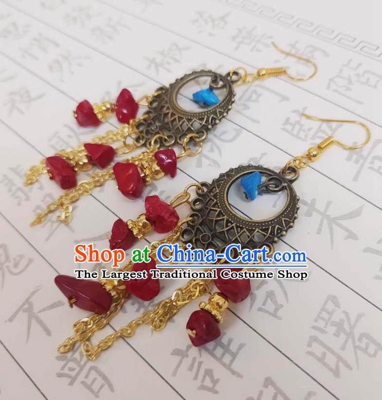 Handmade Chinese Classical Court Princess Eardrop Cheongsam Ear Accessories Ancient Hanfu Red Tassel Earrings