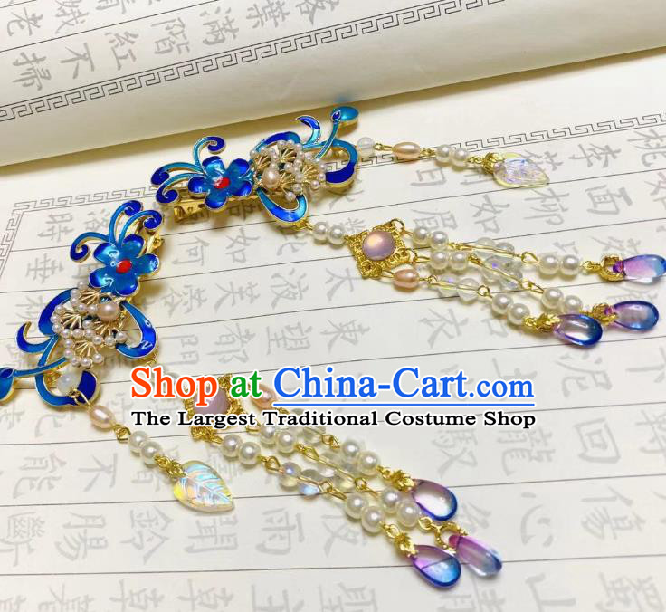 Chinese Ancient Empress Beads Tassel Hairpins Hair Accessories Handmade Ming Dynasty Palace Cloisonne Flower Hair Sticks